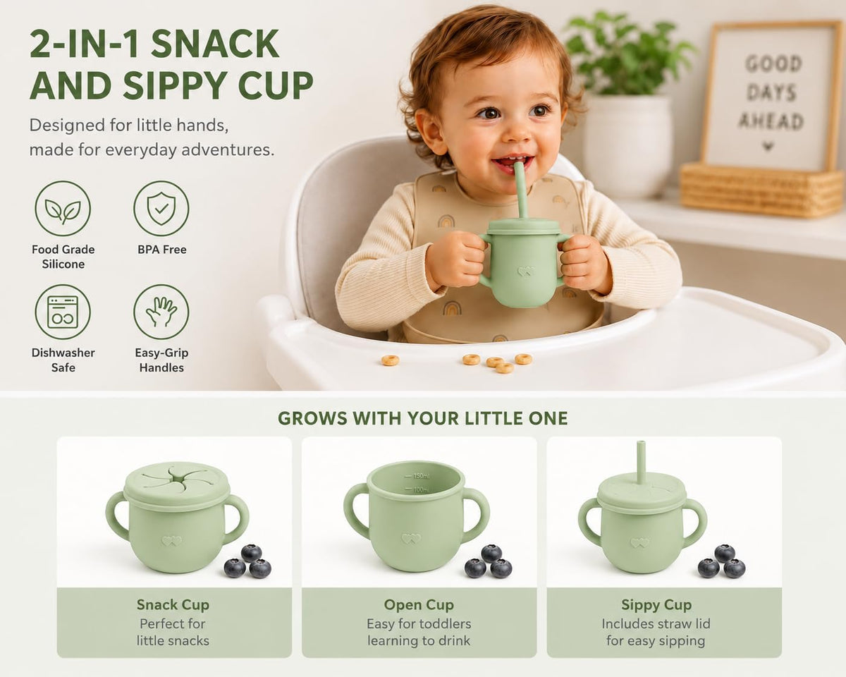Silicone Snack Cup & Sippy Cup Set – Soft Food-Grade Silicone, Easy to Hold, Dishwasher Safe Toddler Feeding Cups for Home & Travel (Mint Green)