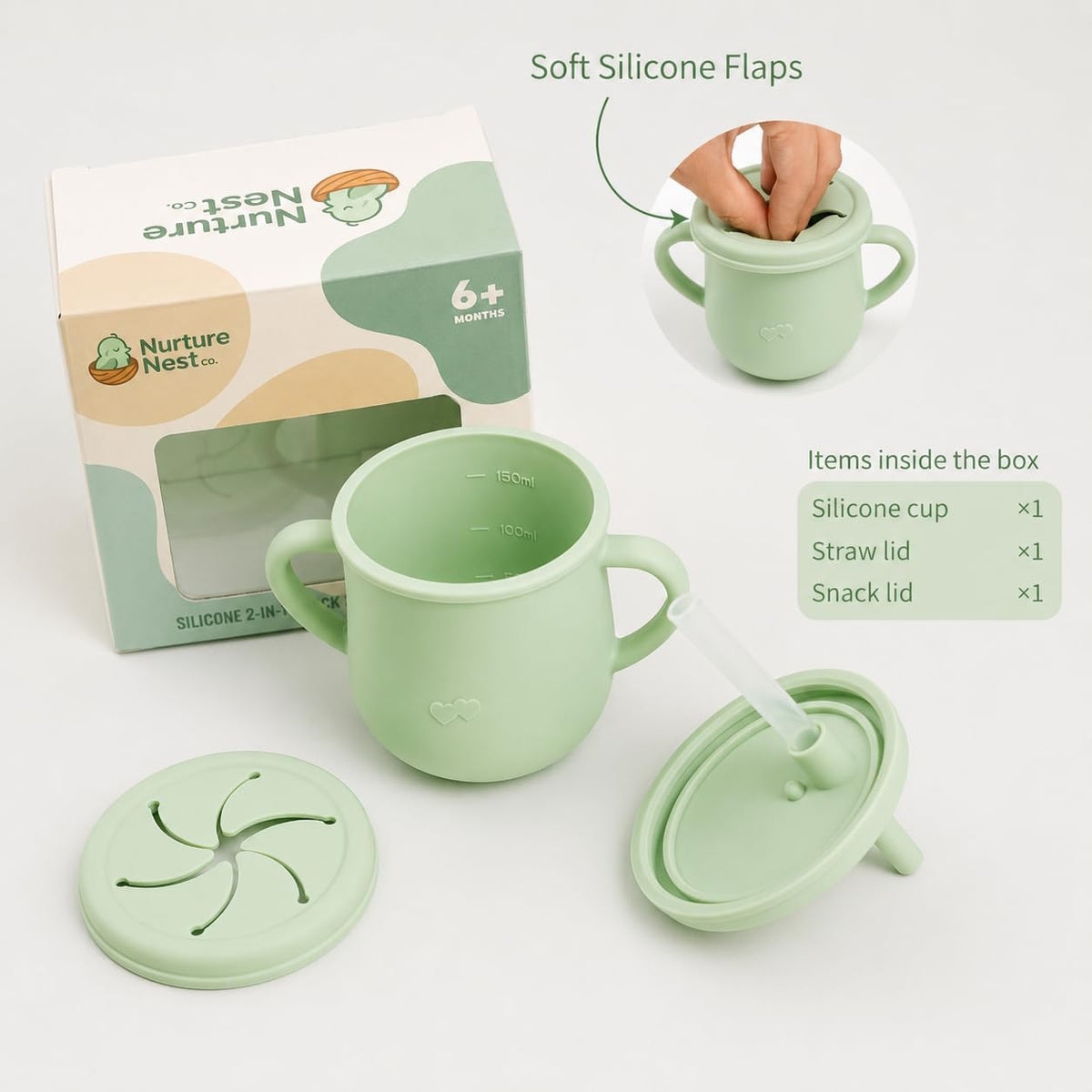 Silicone Snack Cup & Sippy Cup Set – Soft Food-Grade Silicone, Easy to Hold, Dishwasher Safe Toddler Feeding Cups for Home & Travel (Mint Green)