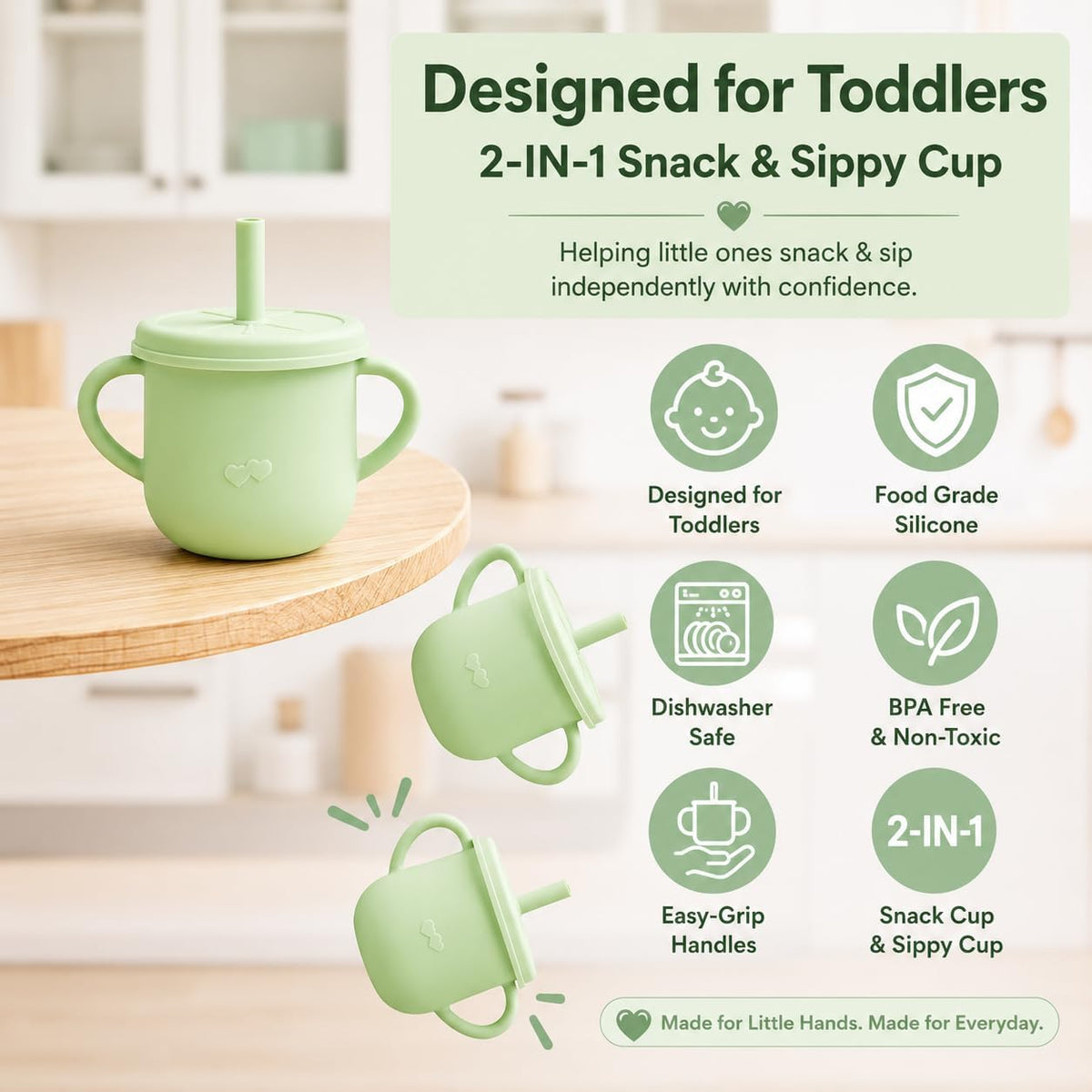 Silicone Snack Cup & Sippy Cup Set – Soft Food-Grade Silicone, Easy to Hold, Dishwasher Safe Toddler Feeding Cups for Home & Travel (Mint Green)