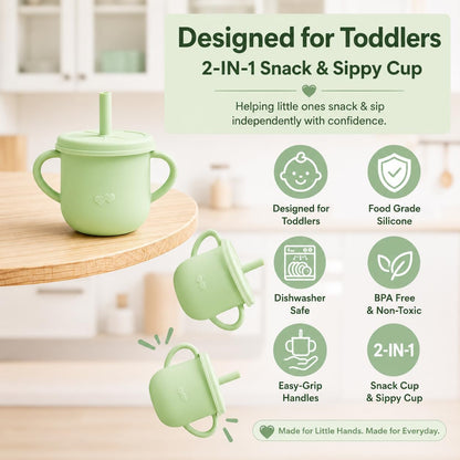 Silicone Snack Cup & Sippy Cup Set – Soft Food-Grade Silicone, Easy to Hold, Dishwasher Safe Toddler Feeding Cups for Home & Travel (Mint Green)