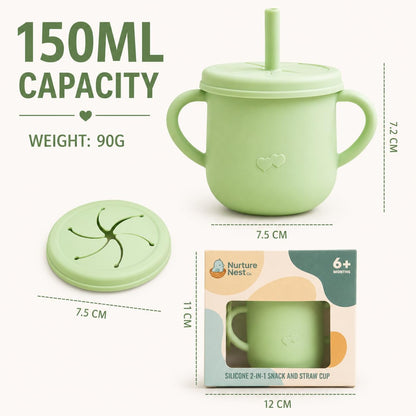 Silicone Snack Cup & Sippy Cup Set – Soft Food-Grade Silicone, Easy to Hold, Dishwasher Safe Toddler Feeding Cups for Home & Travel (Mint Green)