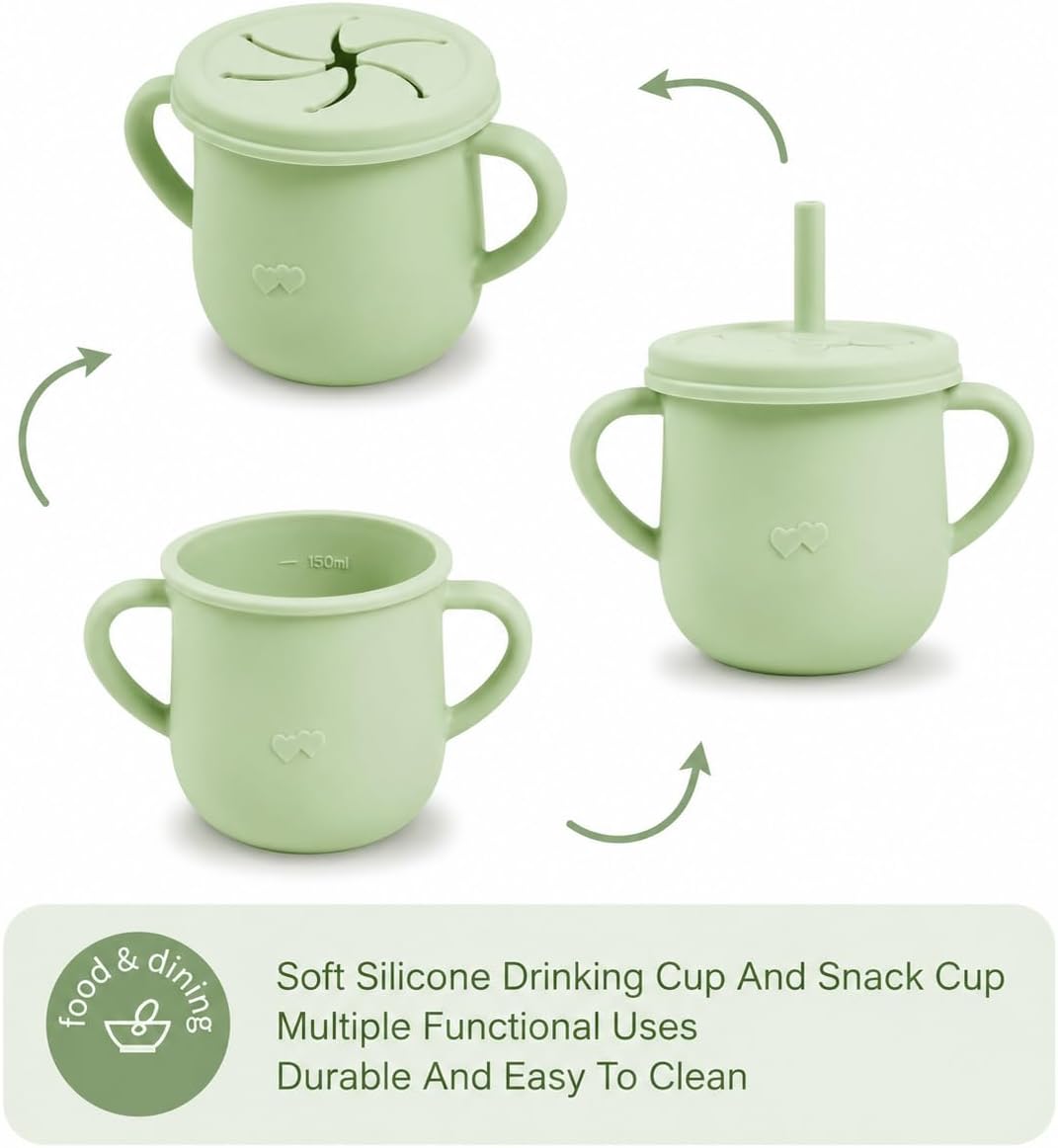 Silicone Snack Cup & Sippy Cup Set – Soft Food-Grade Silicone, Easy to Hold, Dishwasher Safe Toddler Feeding Cups for Home & Travel (Mint Green)
