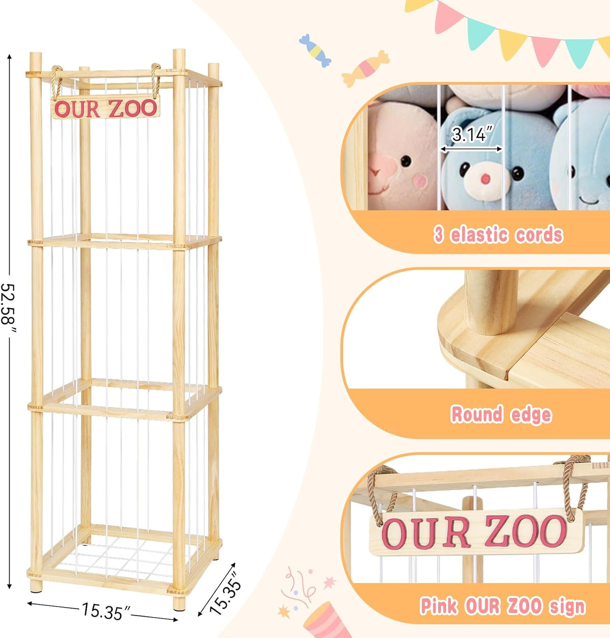 Stuffed Animal Storage - Tall Natural Pine Wood Toy Organizer with Elastic Cords & Shelf, Space-Saving Plushie Playhouse for Nursery, Playroom, Kids Bedroom - Easy Assembly