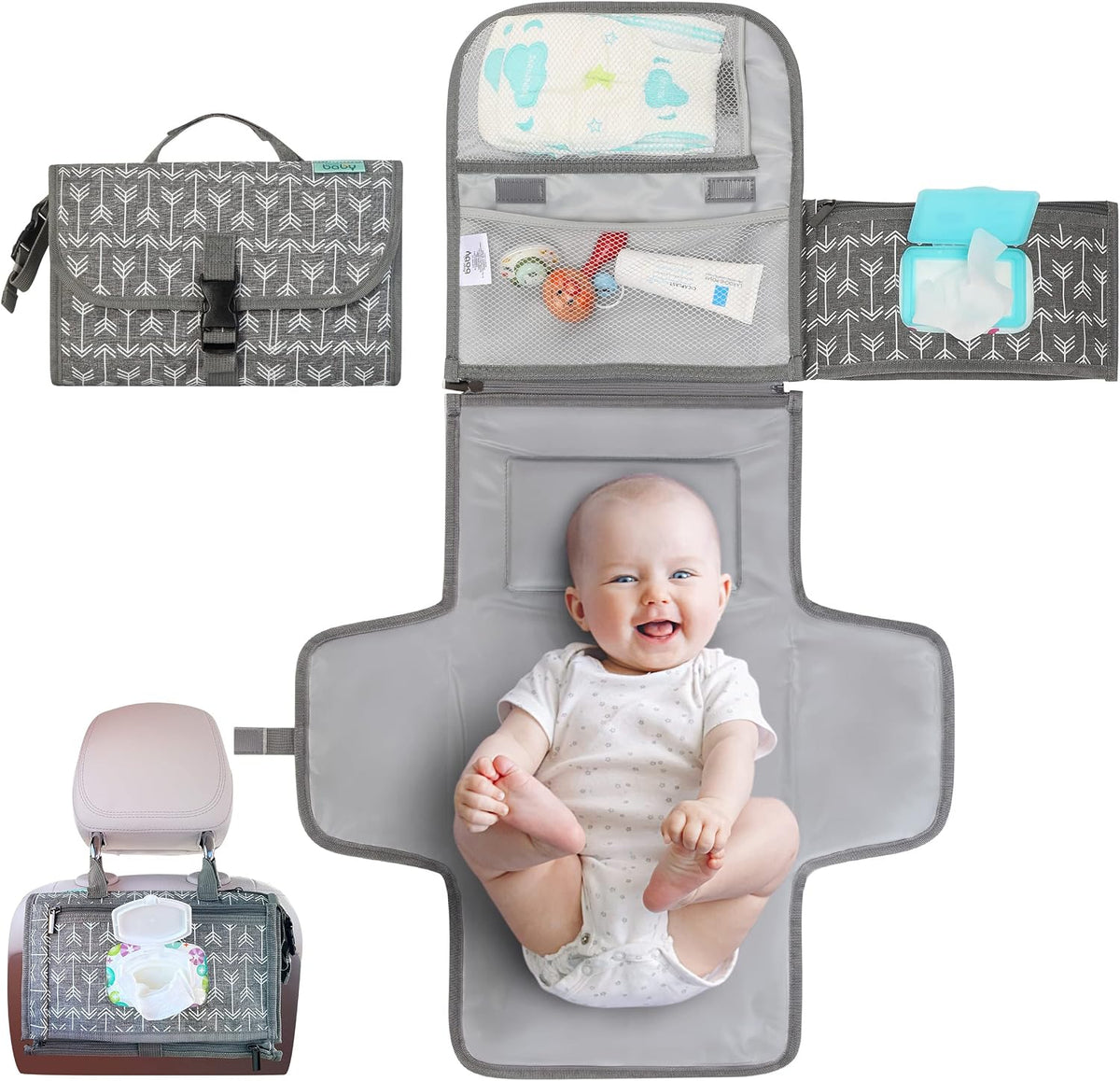Portable Diaper Changing Pad, Wipes Pocket, Classic Grey Arrows