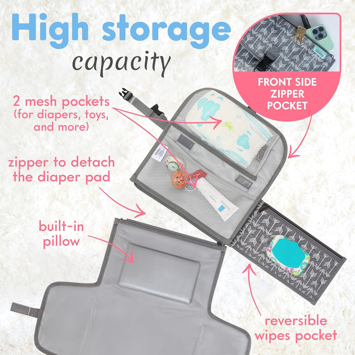 Portable Diaper Changing Pad, Wipes Pocket, Classic Grey Arrows