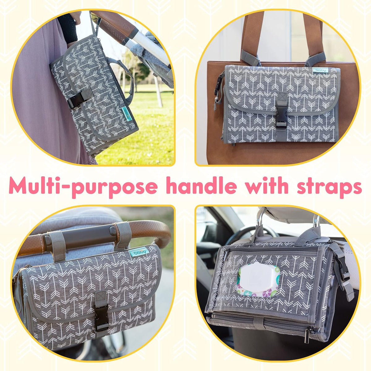 Portable Diaper Changing Pad, Wipes Pocket, Classic Grey Arrows