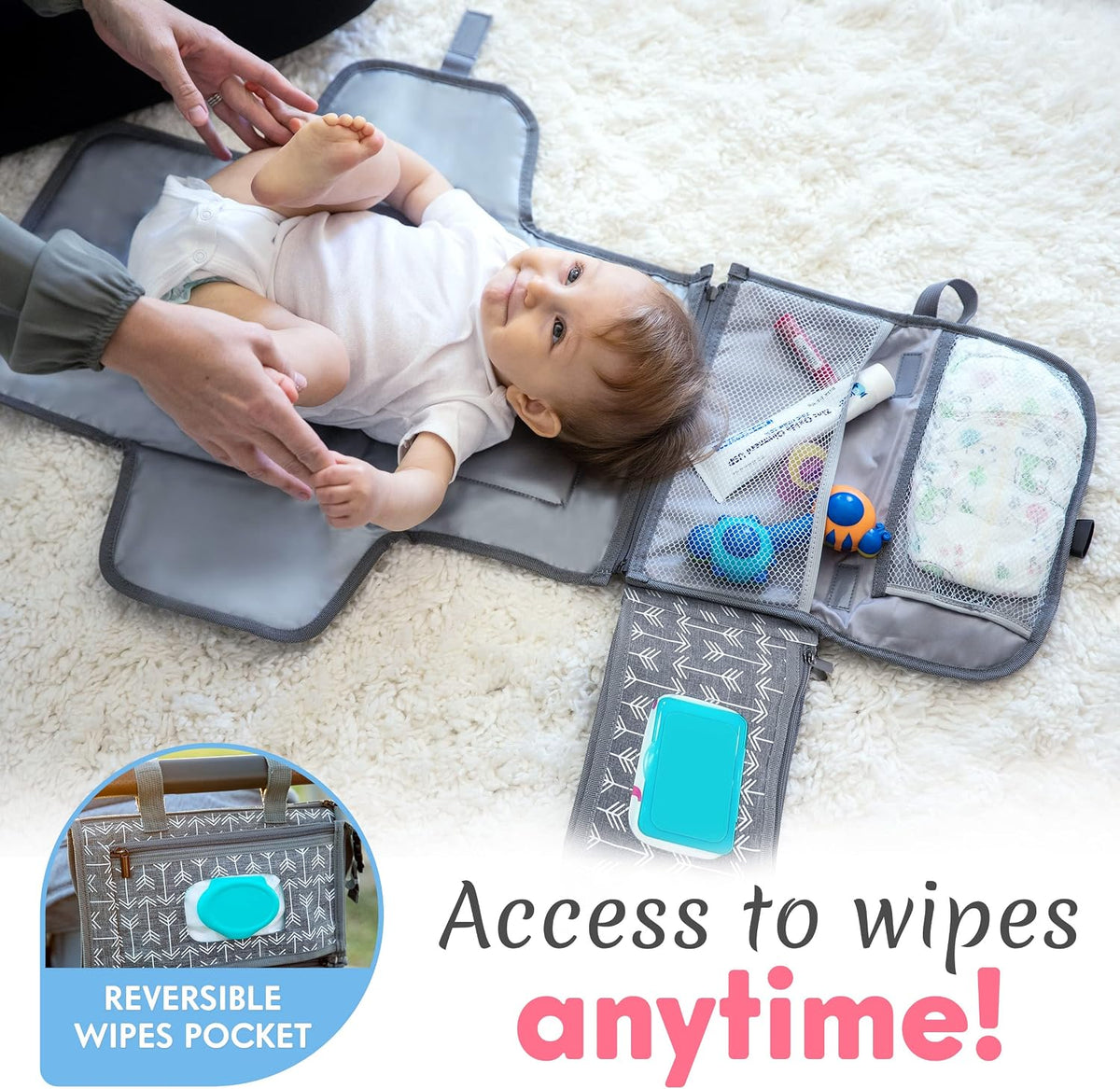 Portable Diaper Changing Pad, Wipes Pocket, Classic Grey Arrows
