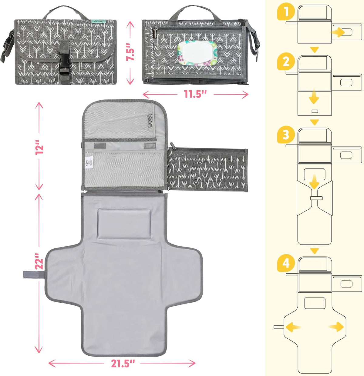 Portable Diaper Changing Pad, Wipes Pocket, Classic Grey Arrows