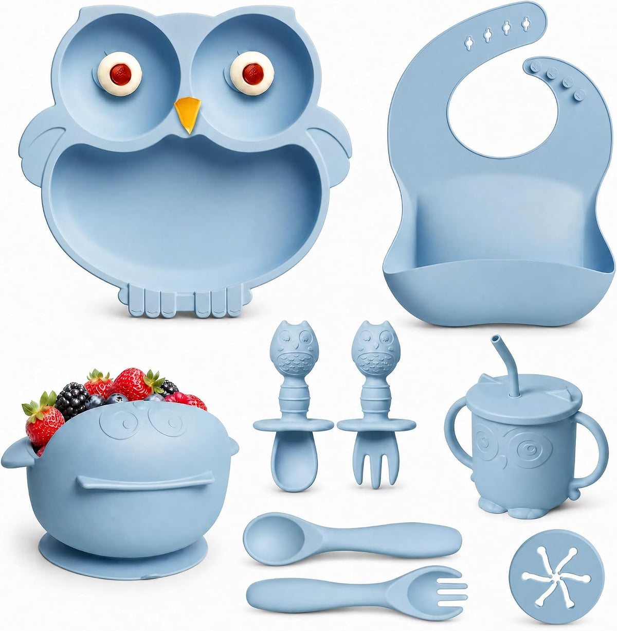 Silicone Baby Feeding Set with Spoon, Bowls, Plates with Suction, Bib, and Toddler Sippy Cups with Replaceable Snack Lids, Blue