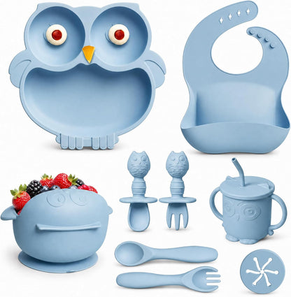 Silicone Baby Feeding Set with Spoon, Bowls, Plates with Suction, Bib, and Toddler Sippy Cups with Replaceable Snack Lids, Blue