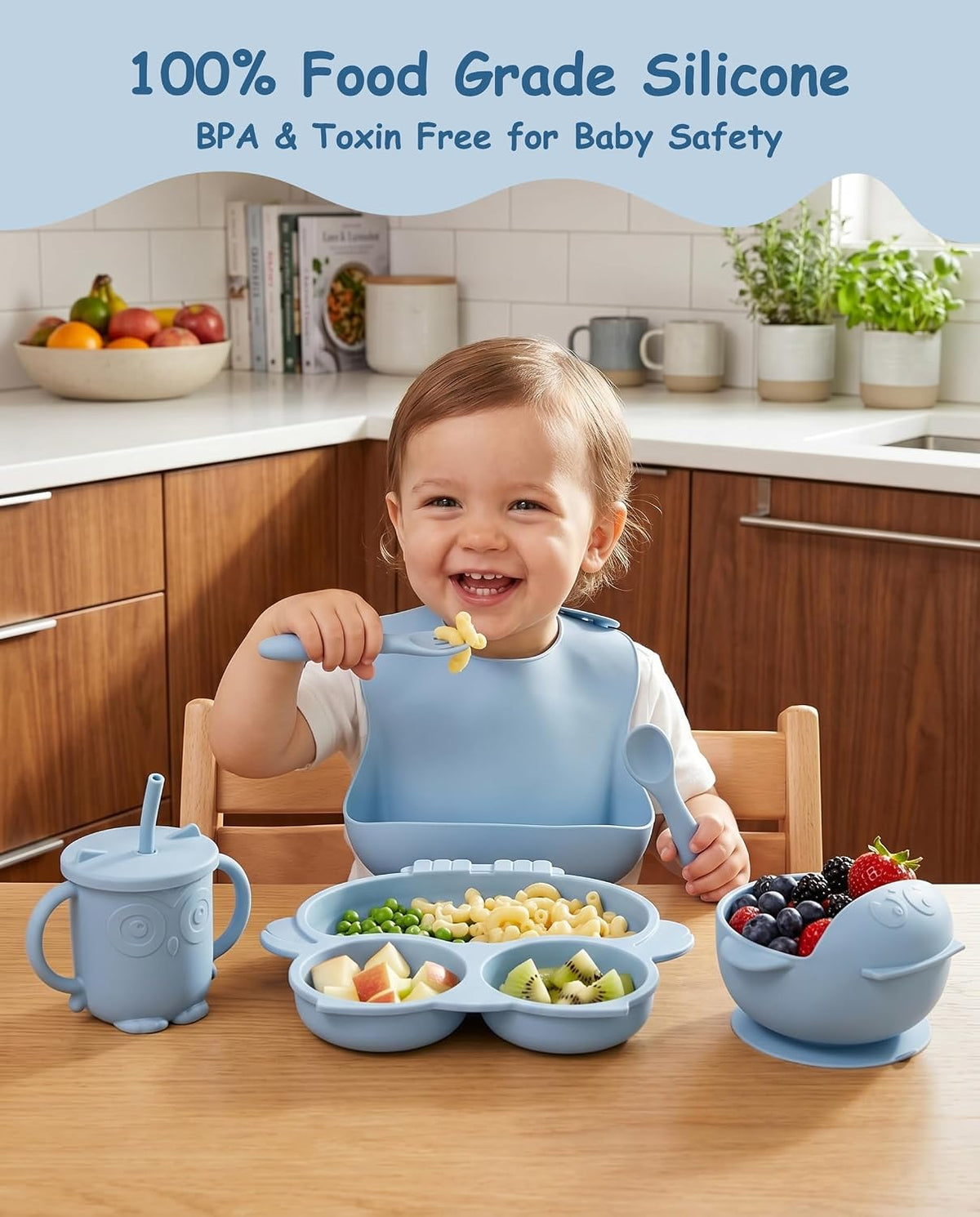 Silicone Baby Feeding Set with Spoon, Bowls, Plates with Suction, Bib, and Toddler Sippy Cups with Replaceable Snack Lids, Blue