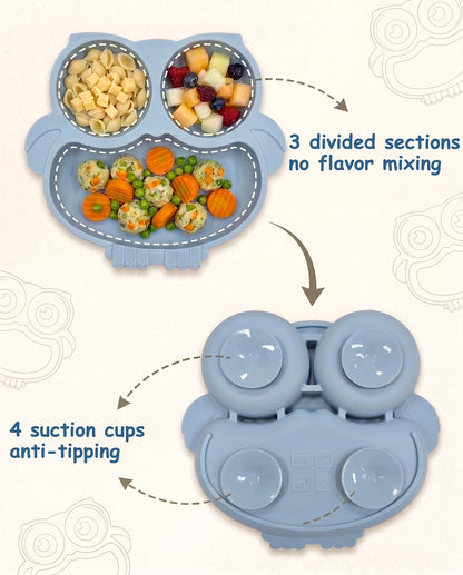 Silicone Baby Feeding Set with Spoon, Bowls, Plates with Suction, Bib, and Toddler Sippy Cups with Replaceable Snack Lids, Blue