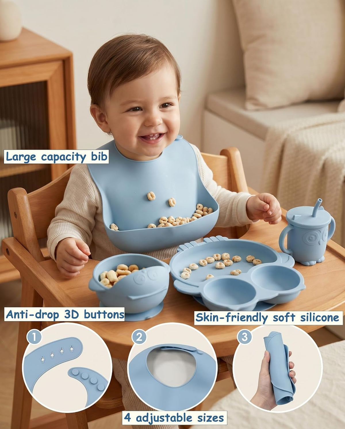 Silicone Baby Feeding Set with Spoon, Bowls, Plates with Suction, Bib, and Toddler Sippy Cups with Replaceable Snack Lids, Blue
