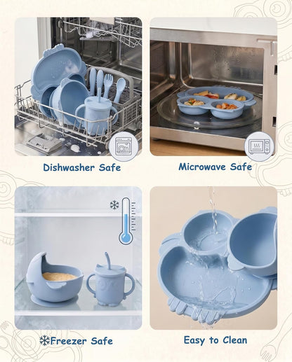 Silicone Baby Feeding Set with Spoon, Bowls, Plates with Suction, Bib, and Toddler Sippy Cups with Replaceable Snack Lids, Blue