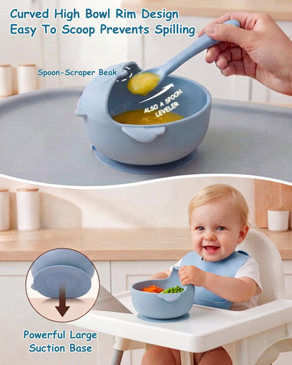 Silicone Baby Feeding Set with Spoon, Bowls, Plates with Suction, Bib, and Toddler Sippy Cups with Replaceable Snack Lids, Blue