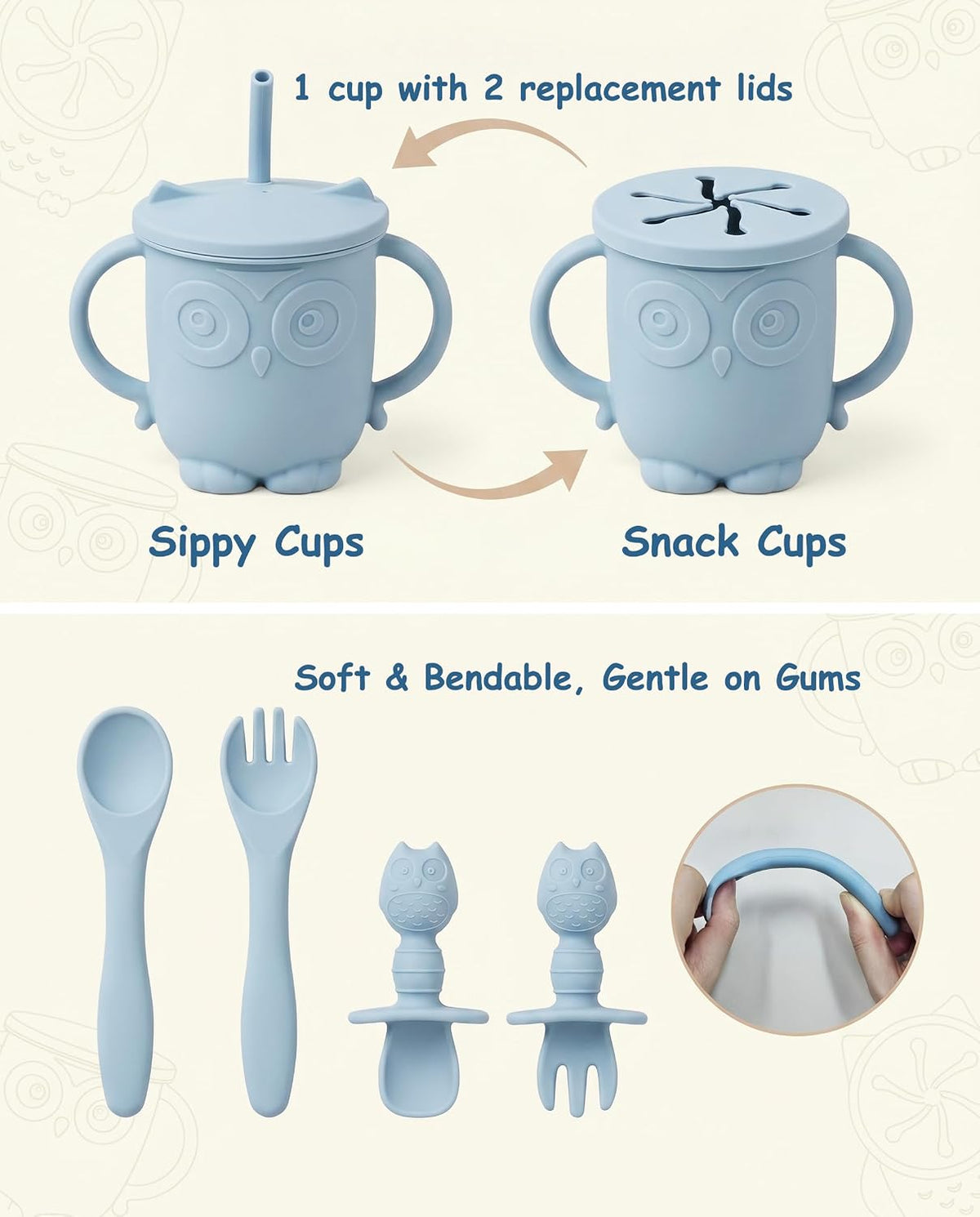 Silicone Baby Feeding Set with Spoon, Bowls, Plates with Suction, Bib, and Toddler Sippy Cups with Replaceable Snack Lids, Blue