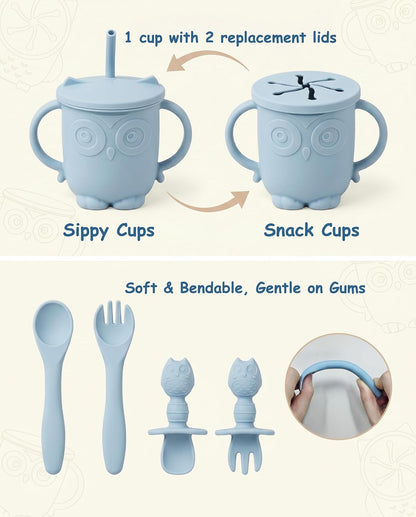 Silicone Baby Feeding Set with Spoon, Bowls, Plates with Suction, Bib, and Toddler Sippy Cups with Replaceable Snack Lids, Blue