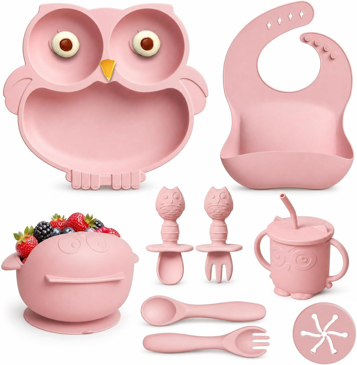 Silicone Baby Feeding Set with Spoon, Bowls, Plates with Suction, Bib, and Toddler Sippy Cups with Replaceable Snack Lids, Blue