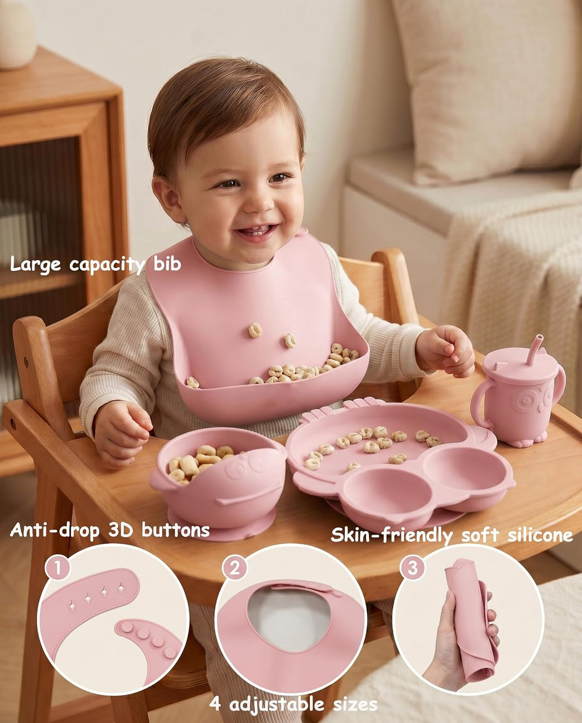 Silicone Baby Feeding Set with Spoon, Bowls, Plates with Suction, Bib, and Toddler Sippy Cups with Replaceable Snack Lids, Blue