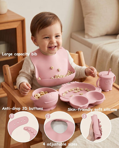Silicone Baby Feeding Set with Spoon, Bowls, Plates with Suction, Bib, and Toddler Sippy Cups with Replaceable Snack Lids, Blue