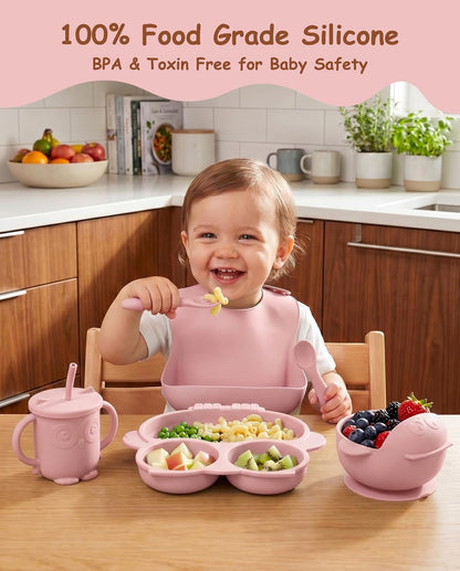 Silicone Baby Feeding Set with Spoon, Bowls, Plates with Suction, Bib, and Toddler Sippy Cups with Replaceable Snack Lids, Blue
