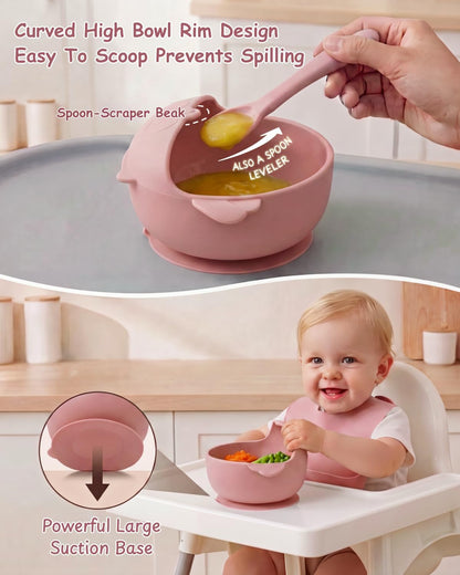 Silicone Baby Feeding Set with Spoon, Bowls, Plates with Suction, Bib, and Toddler Sippy Cups with Replaceable Snack Lids, Blue
