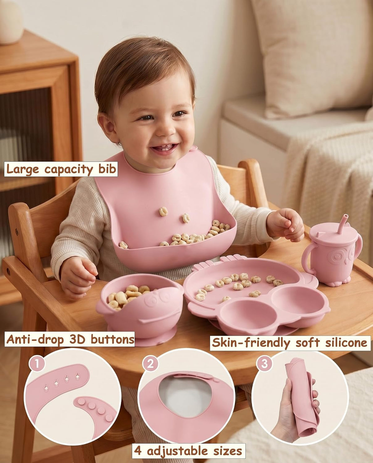 Silicone Baby Feeding Set with Spoon, Bowls, Plates with Suction, Bib, and Toddler Sippy Cups with Replaceable Snack Lids, Blue