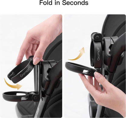 3 in 1 Foldable Stroller Cup Holder with Phone Holder, 360° Rotatable Bottle Holder, Universal Cup Holder for Baby Stroller, Tricycle - Black