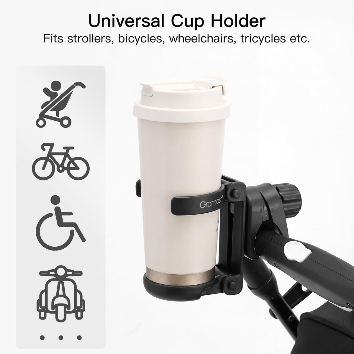 3 in 1 Foldable Stroller Cup Holder with Phone Holder, 360° Rotatable Bottle Holder, Universal Cup Holder for Baby Stroller, Tricycle - Black