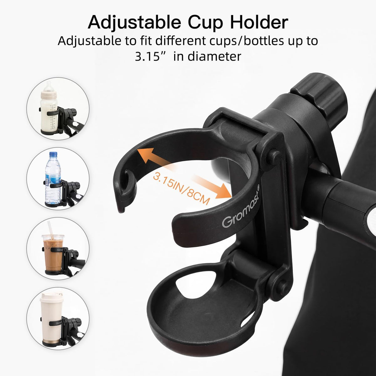3 in 1 Foldable Stroller Cup Holder with Phone Holder, 360° Rotatable Bottle Holder, Universal Cup Holder for Baby Stroller, Tricycle - Black