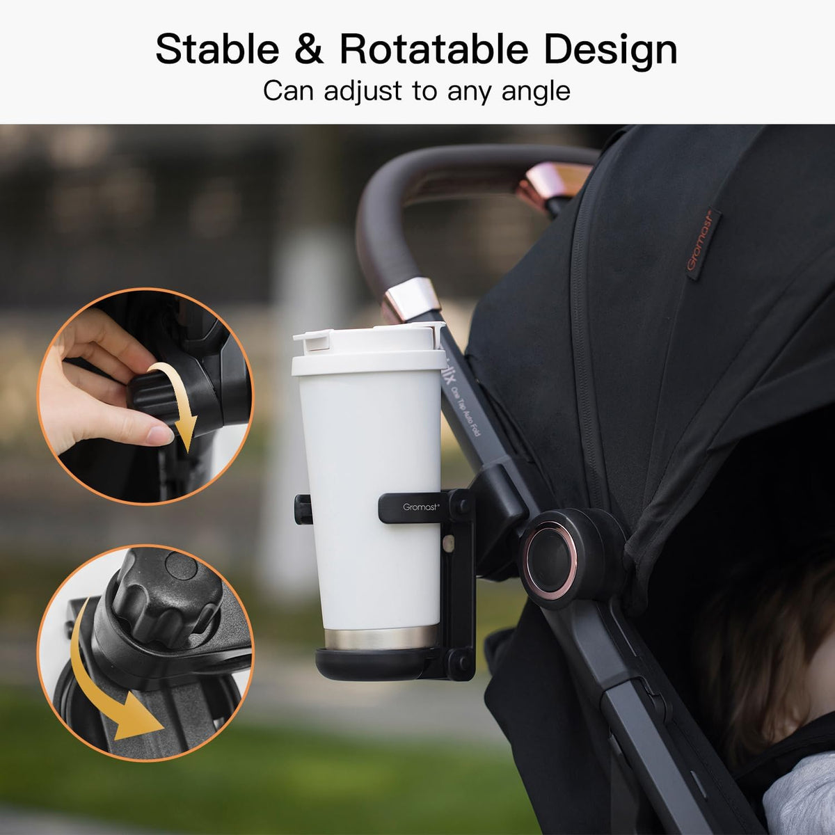 3 in 1 Foldable Stroller Cup Holder with Phone Holder, 360° Rotatable Bottle Holder, Universal Cup Holder for Baby Stroller, Tricycle - Black