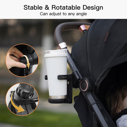 3 in 1 Foldable Stroller Cup Holder with Phone Holder, 360° Rotatable Bottle Holder, Universal Cup Holder for Baby Stroller, Tricycle - Black
