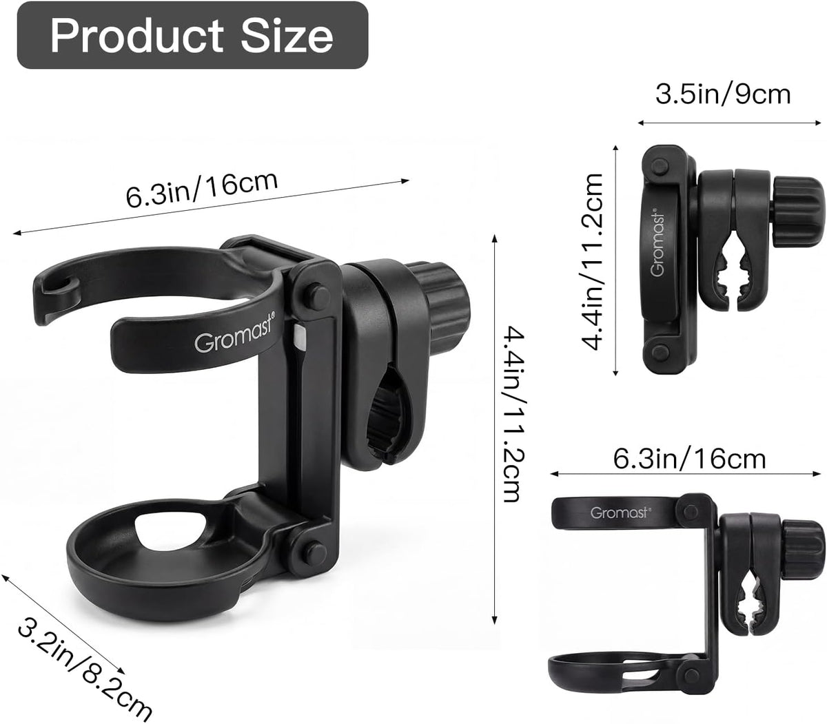 3 in 1 Foldable Stroller Cup Holder with Phone Holder, 360° Rotatable Bottle Holder, Universal Cup Holder for Baby Stroller, Tricycle - Black