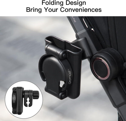 3 in 1 Foldable Stroller Cup Holder with Phone Holder, 360° Rotatable Bottle Holder, Universal Cup Holder for Baby Stroller, Tricycle - Black