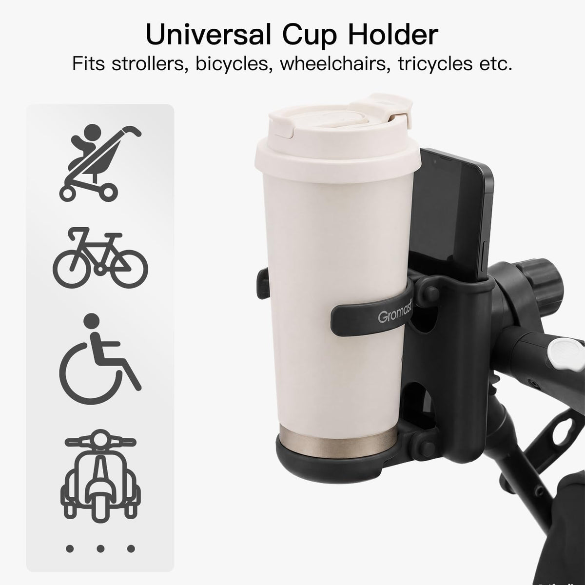 3 in 1 Foldable Stroller Cup Holder with Phone Holder, 360° Rotatable Bottle Holder, Universal Cup Holder for Baby Stroller, Tricycle - Black