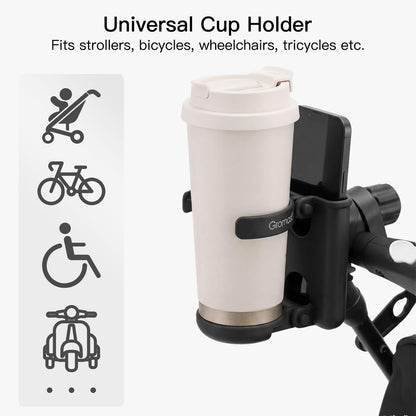 3 in 1 Foldable Stroller Cup Holder with Phone Holder, 360° Rotatable Bottle Holder, Universal Cup Holder for Baby Stroller, Tricycle - Black