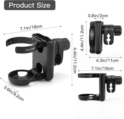 3 in 1 Foldable Stroller Cup Holder with Phone Holder, 360° Rotatable Bottle Holder, Universal Cup Holder for Baby Stroller, Tricycle - Black