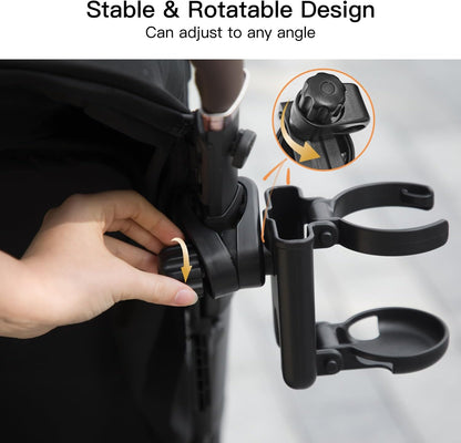 3 in 1 Foldable Stroller Cup Holder with Phone Holder, 360° Rotatable Bottle Holder, Universal Cup Holder for Baby Stroller, Tricycle - Black