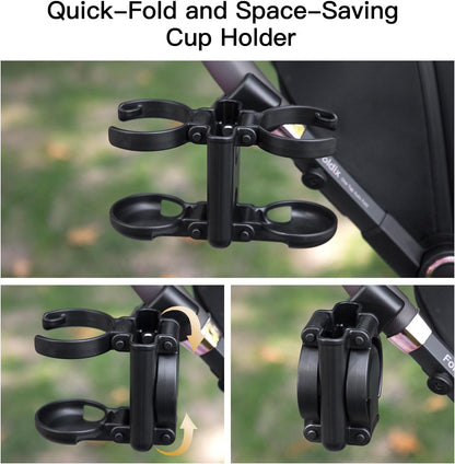 3 in 1 Foldable Stroller Cup Holder with Phone Holder, 360° Rotatable Bottle Holder, Universal Cup Holder for Baby Stroller, Tricycle - Black