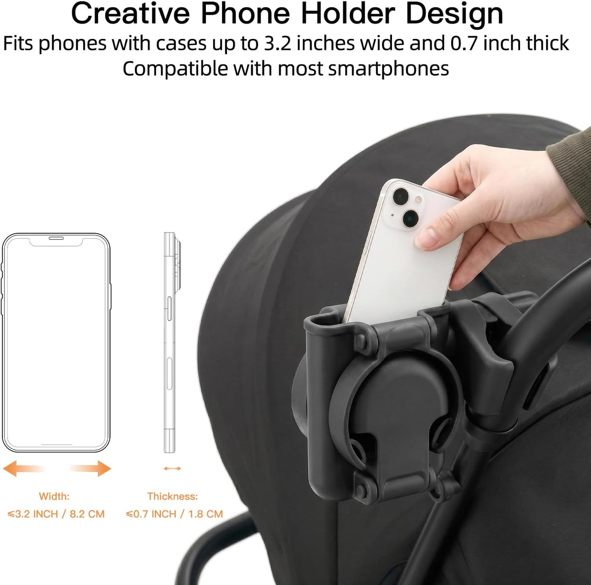 3 in 1 Foldable Stroller Cup Holder with Phone Holder, 360° Rotatable Bottle Holder, Universal Cup Holder for Baby Stroller, Tricycle - Black