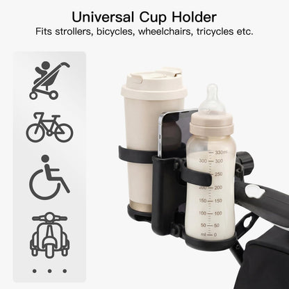 3 in 1 Foldable Stroller Cup Holder with Phone Holder, 360° Rotatable Bottle Holder, Universal Cup Holder for Baby Stroller, Tricycle - Black