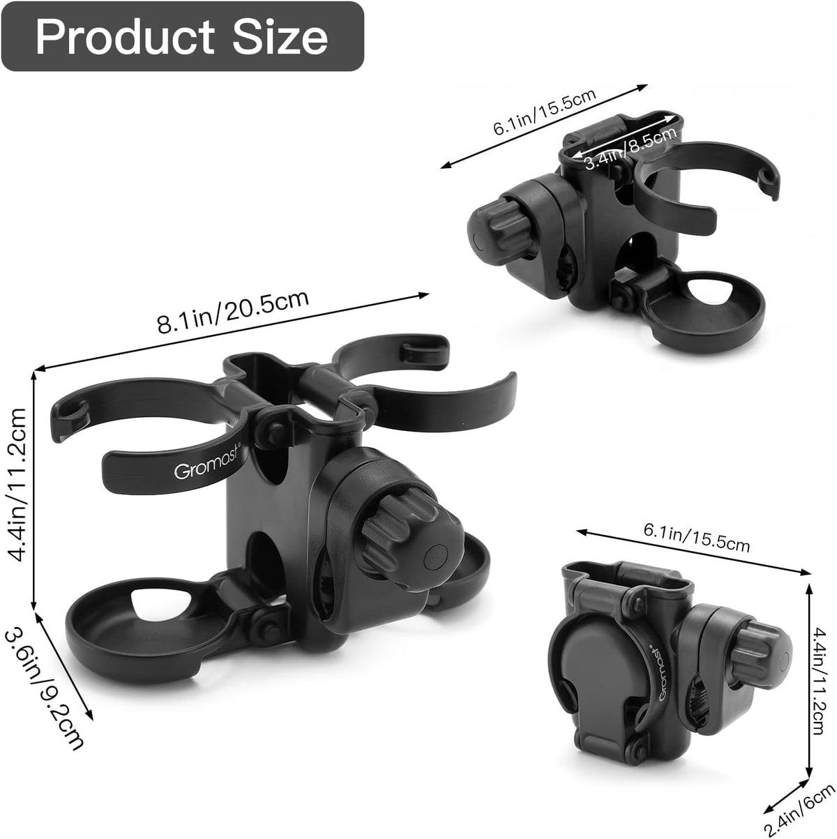 3 in 1 Foldable Stroller Cup Holder with Phone Holder, 360° Rotatable Bottle Holder, Universal Cup Holder for Baby Stroller, Tricycle - Black