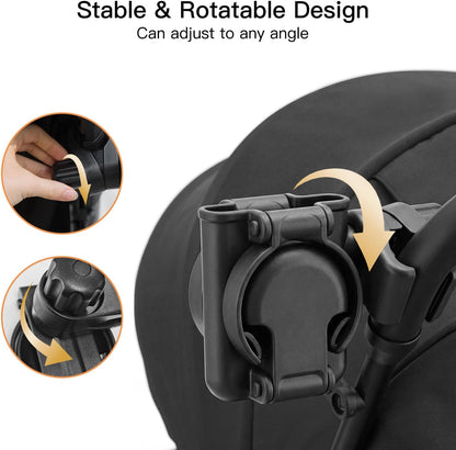 3 in 1 Foldable Stroller Cup Holder with Phone Holder, 360° Rotatable Bottle Holder, Universal Cup Holder for Baby Stroller, Tricycle - Black
