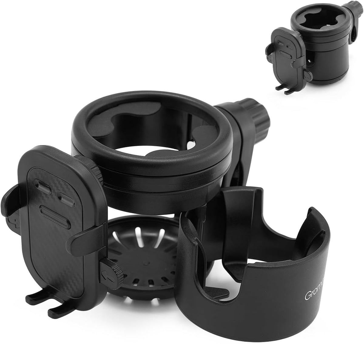 3 in 1 Foldable Stroller Cup Holder with Phone Holder, 360° Rotatable Bottle Holder, Universal Cup Holder for Baby Stroller, Tricycle - Black