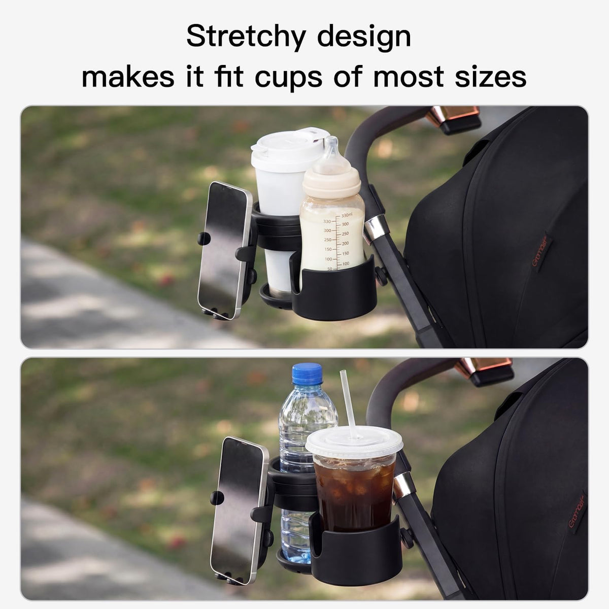 3 in 1 Foldable Stroller Cup Holder with Phone Holder, 360° Rotatable Bottle Holder, Universal Cup Holder for Baby Stroller, Tricycle - Black
