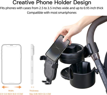 3 in 1 Foldable Stroller Cup Holder with Phone Holder, 360° Rotatable Bottle Holder, Universal Cup Holder for Baby Stroller, Tricycle - Black