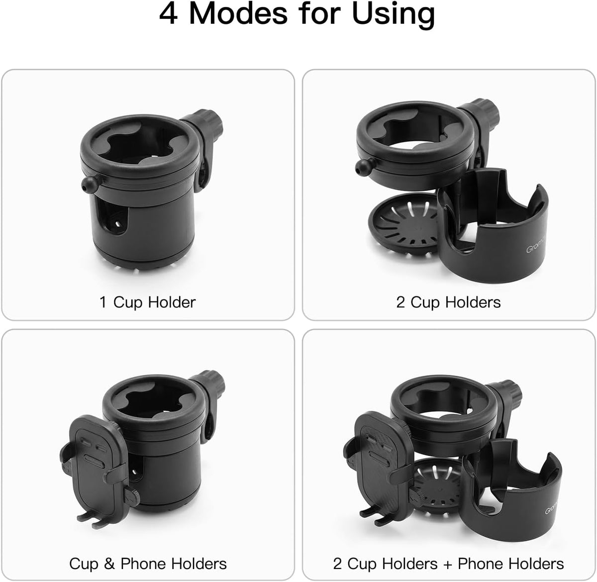 3 in 1 Foldable Stroller Cup Holder with Phone Holder, 360° Rotatable Bottle Holder, Universal Cup Holder for Baby Stroller, Tricycle - Black