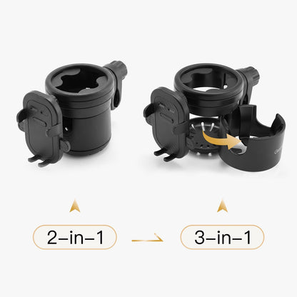 3 in 1 Foldable Stroller Cup Holder with Phone Holder, 360° Rotatable Bottle Holder, Universal Cup Holder for Baby Stroller, Tricycle - Black
