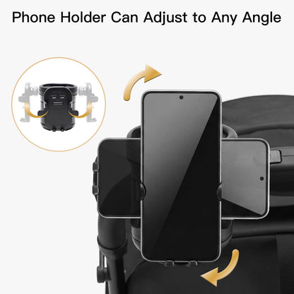 3 in 1 Foldable Stroller Cup Holder with Phone Holder, 360° Rotatable Bottle Holder, Universal Cup Holder for Baby Stroller, Tricycle - Black