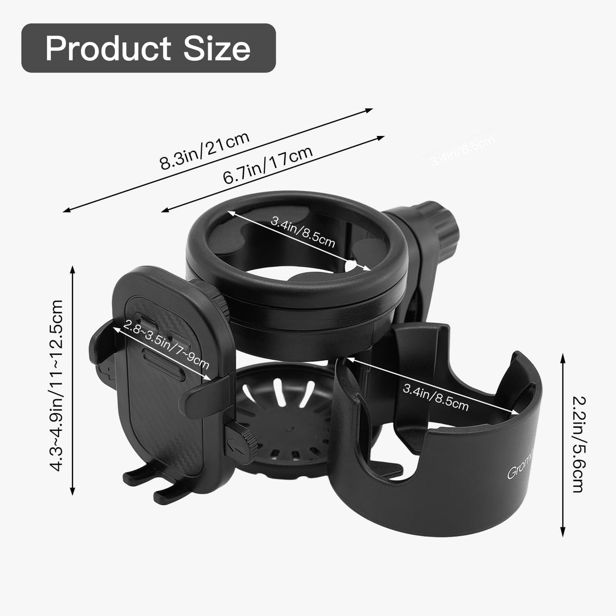 3 in 1 Foldable Stroller Cup Holder with Phone Holder, 360° Rotatable Bottle Holder, Universal Cup Holder for Baby Stroller, Tricycle - Black